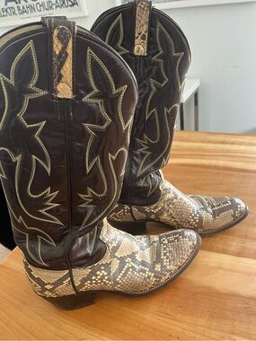 Vintage Dan Post Brown Leather Western Boots with Genuine Python Snakeskin